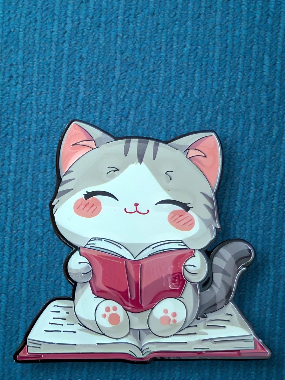 Cute Cat Reading Enamel Pin - Pink & Gray